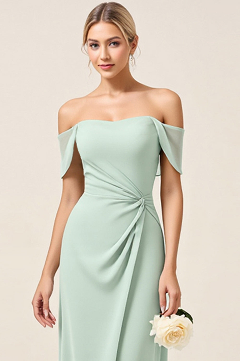 Mint Sheath Off the Shoulder Ruched Satin Long Bridesmaid Dress