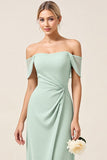 Mint Sheath Off the Shoulder Ruched Satin Long Bridesmaid Dress