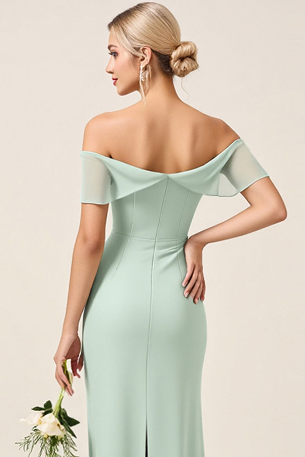 Mint Sheath Off the Shoulder Ruched Satin Long Bridesmaid Dress