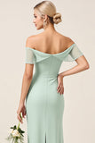 Mint Sheath Off the Shoulder Ruched Satin Long Bridesmaid Dress