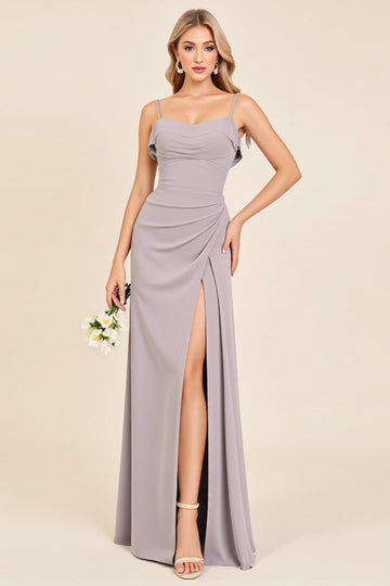 Silver Sheath Spaghetti Straps Ruched Satin Long Bridesmaid Dress with Slit