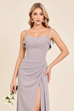 Silver Sheath Spaghetti Straps Ruched Satin Long Bridesmaid Dress with Slit