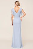 Light Blue Sheath Wrap V Neck Chiffon Long Bridesmaid Dress