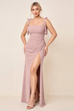 Dusty Rose Spaghetti Straps Ruched Mermaid Long Bridesmaid Dress with Slit