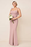 Dusty Rose Spaghetti Straps Ruched Mermaid Long Bridesmaid Dress with Slit