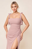 Dusty Rose Spaghetti Straps Ruched Mermaid Long Bridesmaid Dress with Slit