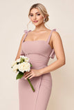 Dusty Rose Spaghetti Straps Ruched Mermaid Long Bridesmaid Dress with Slit
