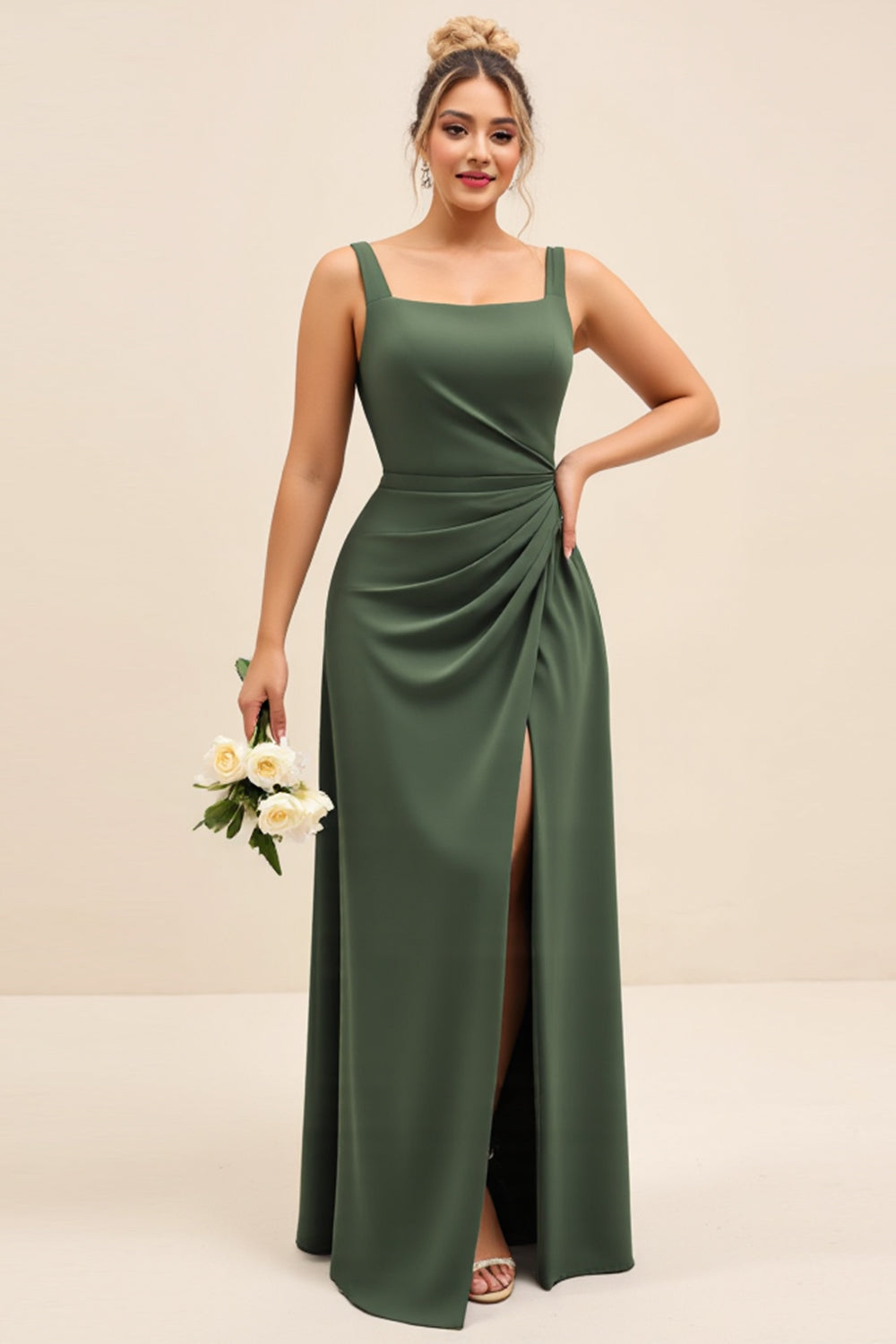 Olive Sheath Square Neck Ruched Satin Long Formal Dress with Slit