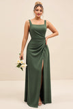 Olive Sheath Square Neck Ruched Satin Long Formal Dress with Slit