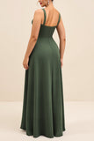 Olive Sheath Square Neck Ruched Satin Long Formal Dress with Slit