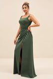 Olive Sheath Square Neck Ruched Satin Long Formal Dress with Slit