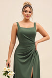Olive Sheath Square Neck Ruched Satin Long Formal Dress with Slit