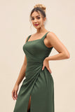 Olive Sheath Square Neck Ruched Satin Long Formal Dress with Slit