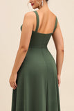 Olive Sheath Square Neck Ruched Satin Long Formal Dress with Slit