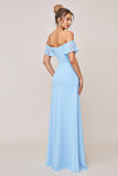 Sky Blue Sheath Off the Shoulder Long Bridesmaid Dress with Slit