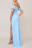 Sky Blue Sheath Off the Shoulder Long Bridesmaid Dress with Slit