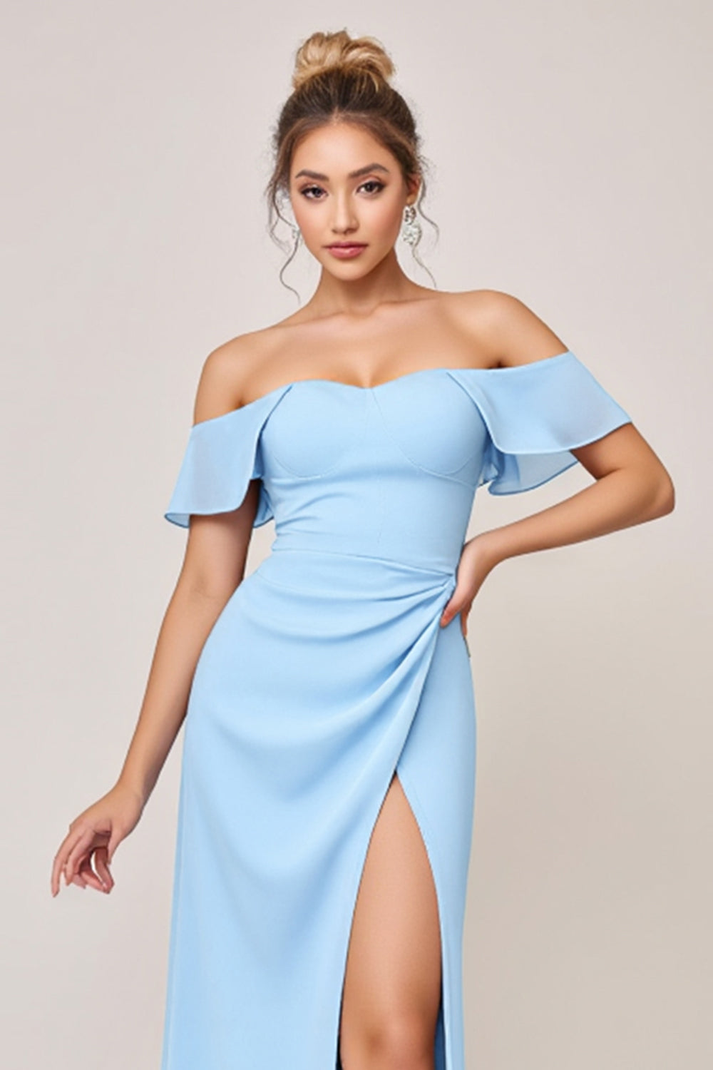 Sky Blue Sheath Off the Shoulder Long Bridesmaid Dress with Slit