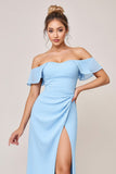 Sky Blue Sheath Off the Shoulder Long Bridesmaid Dress with Slit