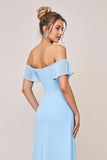 Sky Blue Sheath Off the Shoulder Long Bridesmaid Dress with Slit