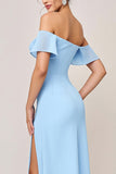 Sky Blue Sheath Off the Shoulder Long Bridesmaid Dress with Slit