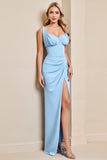 Sky Blue Satin V Neck Ruched Sheath Long Bridesmaid Dress with Slit