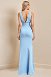 Sky Blue Satin V Neck Ruched Sheath Long Bridesmaid Dress with Slit