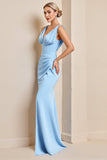 Sky Blue Satin V Neck Ruched Sheath Long Bridesmaid Dress with Slit