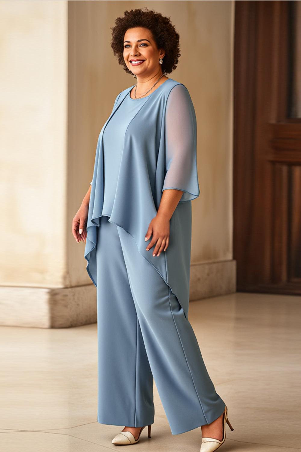 Dusty Blue Chiffon Round Neck Plus Size Mother Of The Bride Pantsuits