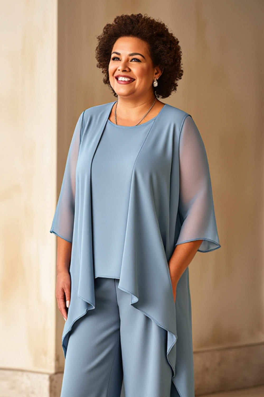 Dusty Blue Chiffon Round Neck Plus Size Mother Of The Bride Pantsuits