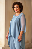 Dusty Blue Chiffon Round Neck Plus Size Mother Of The Bride Pantsuits