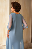 Dusty Blue Chiffon Round Neck Plus Size Mother Of The Bride Pantsuits