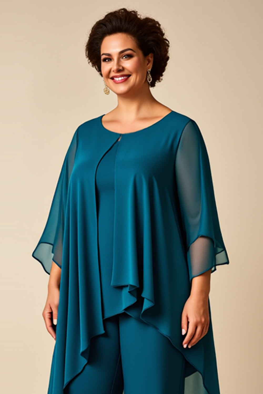 Burgundy Chiffon Round Neck 2 Piece Plus Size Mother Of Bride Pantsuits