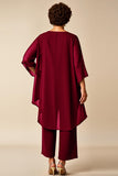 Burgundy Chiffon Round Neck 2 Piece Plus Size Mother Of Bride Pantsuits
