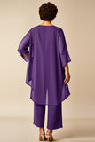 Burgundy Chiffon Round Neck 2 Piece Plus Size Mother Of Bride Pantsuits