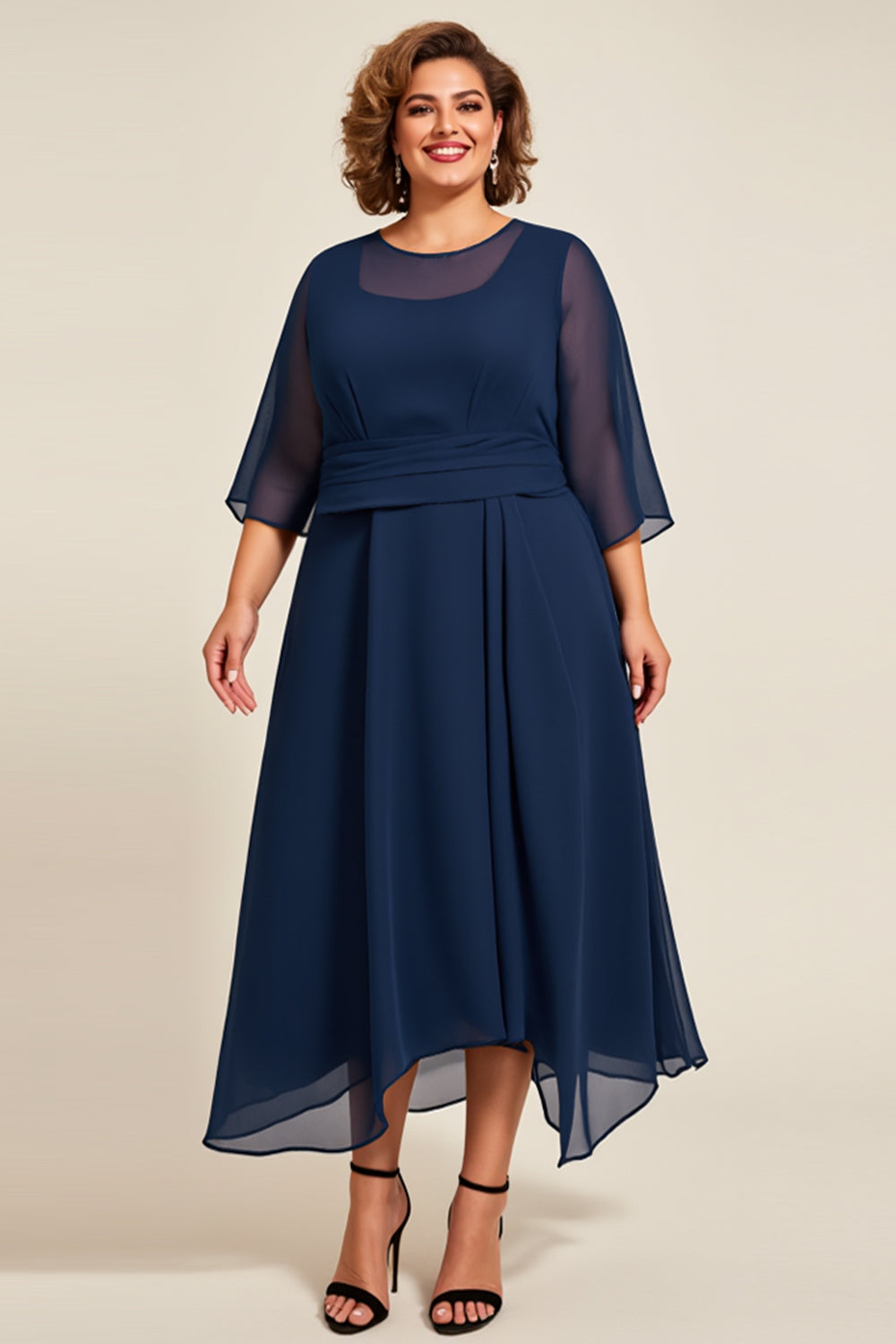 Navy Chiffon A Line Long Plus Size Mother Of Bride Dress with 3/4 Sleeves