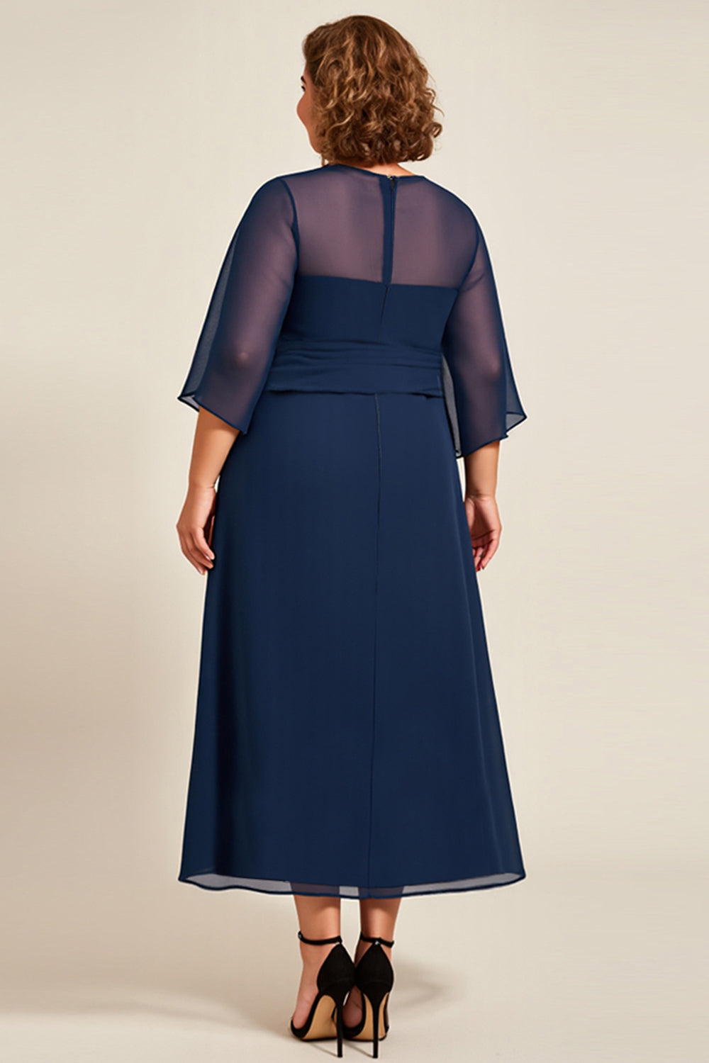Navy Chiffon A Line Long Plus Size Mother Of Bride Dress with 3/4 Sleeves