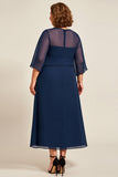 Navy Chiffon A Line Long Plus Size Mother Of Bride Dress with 3/4 Sleeves