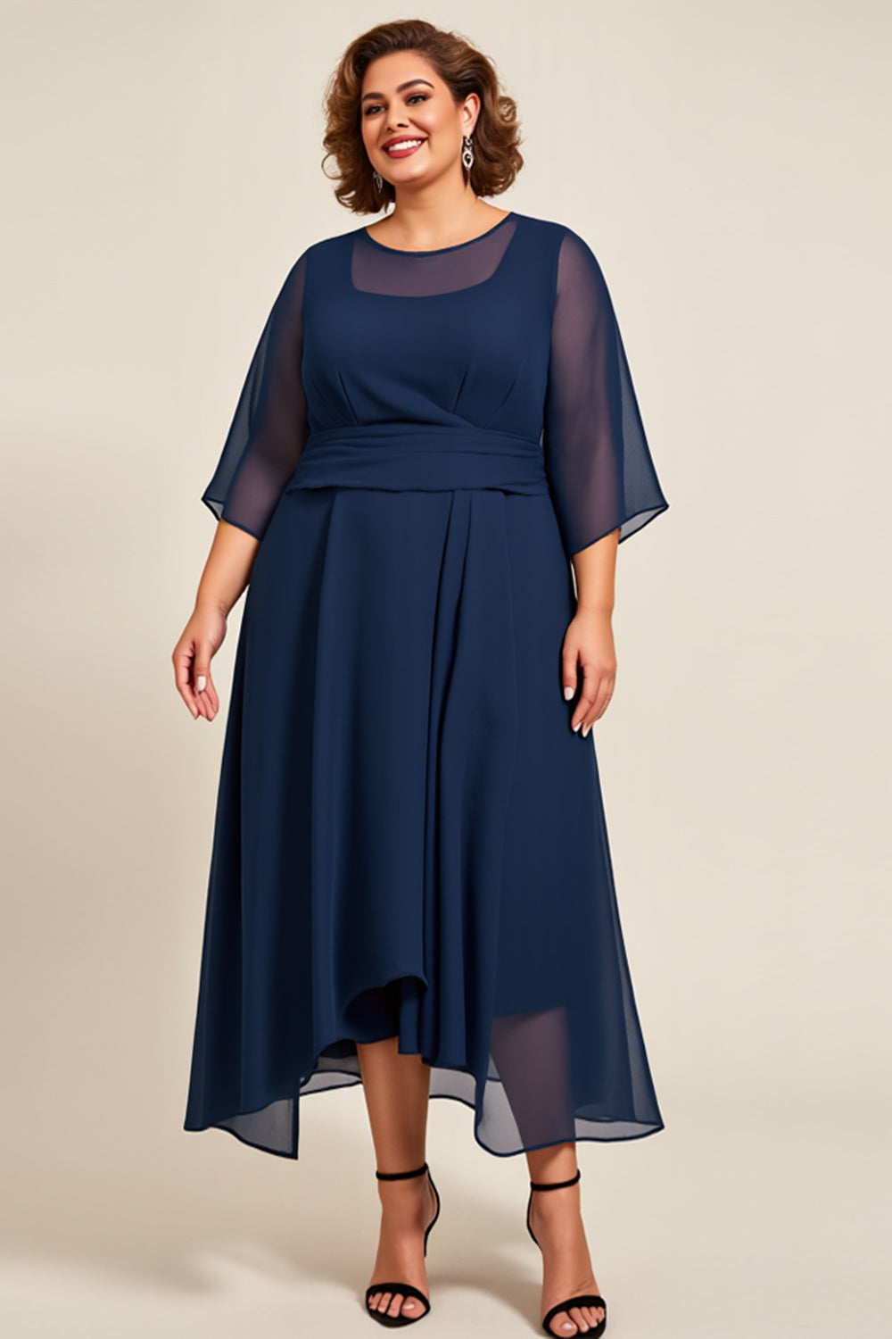 Navy Chiffon A Line Long Plus Size Mother Of Bride Dress with 3/4 Sleeves