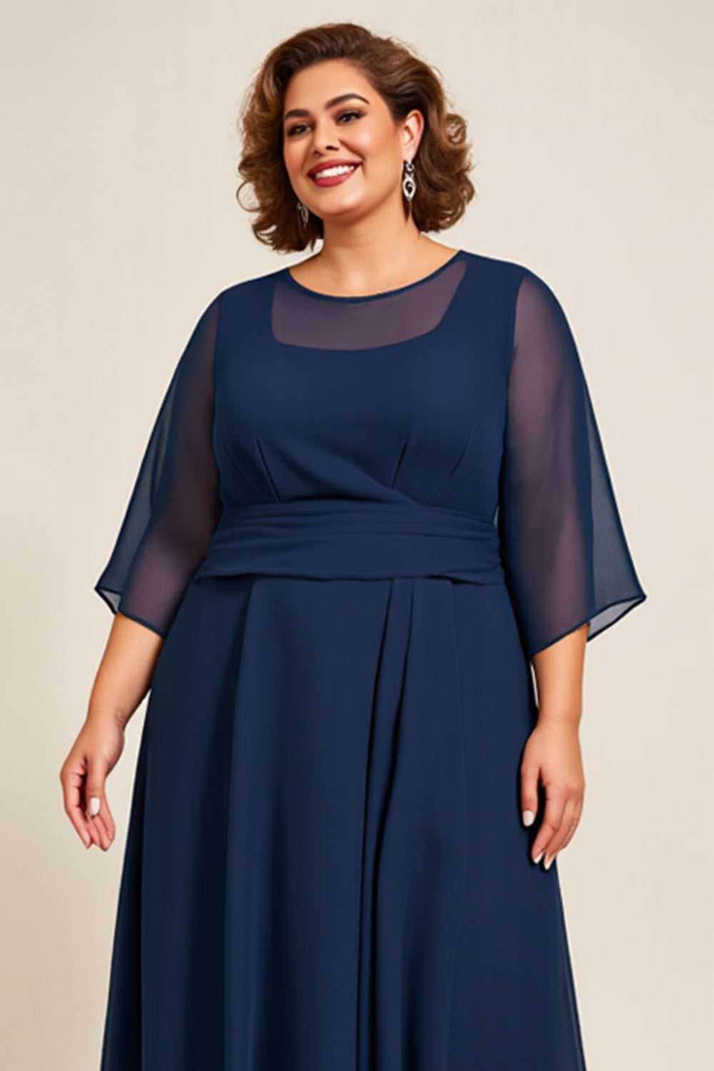 Navy Chiffon A Line Long Plus Size Mother Of Bride Dress with 3/4 Sleeves
