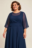 Navy Chiffon A Line Long Plus Size Mother Of Bride Dress with 3/4 Sleeves
