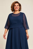 Navy Chiffon A Line Long Plus Size Mother Of Bride Dress with 3/4 Sleeves