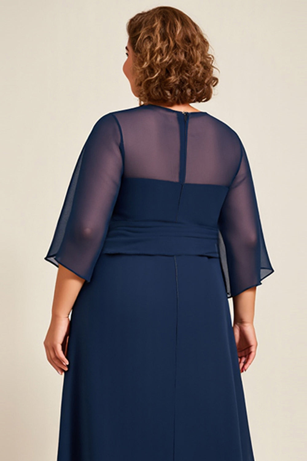 Navy Chiffon A Line Long Plus Size Mother Of Bride Dress with 3/4 Sleeves