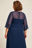 Navy Chiffon A Line Long Plus Size Mother Of Bride Dress with 3/4 Sleeves