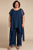 Navy Chiffon Round Neck Plus Size Mother Of The Bride Pantsuit