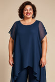 Navy Chiffon Round Neck Plus Size Mother Of The Bride Pantsuit
