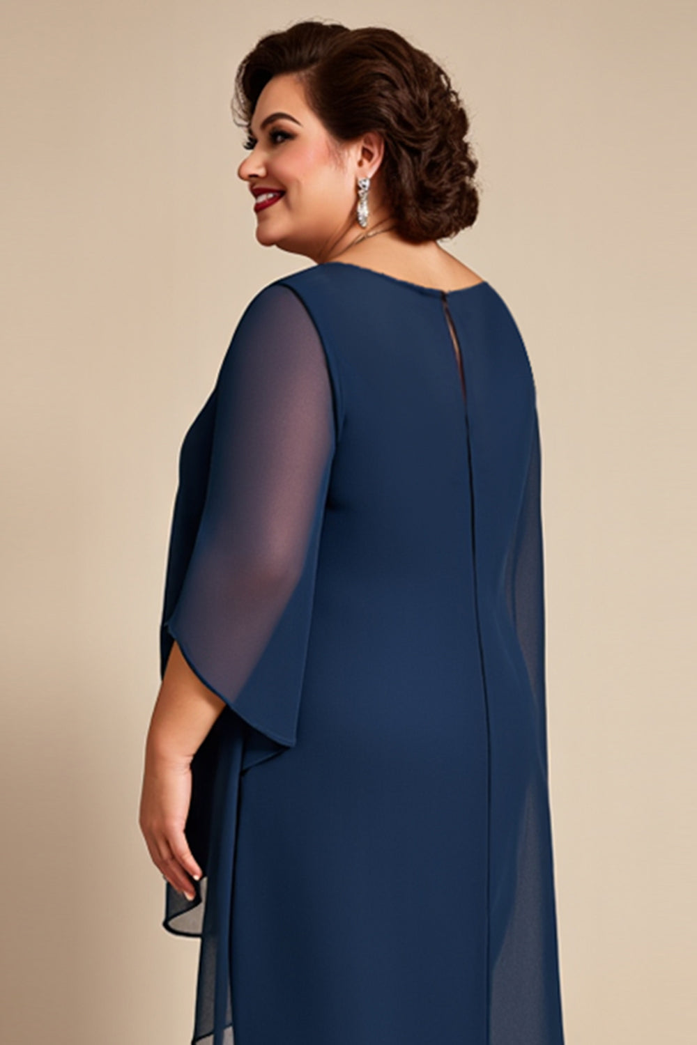 Navy Chiffon Round Neck Plus Size Mother Of The Bride Pantsuit