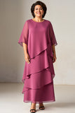 Vintage Mauve Chiffon Long Plus Size Mother Of The Bride Dress with Half Sleeves
