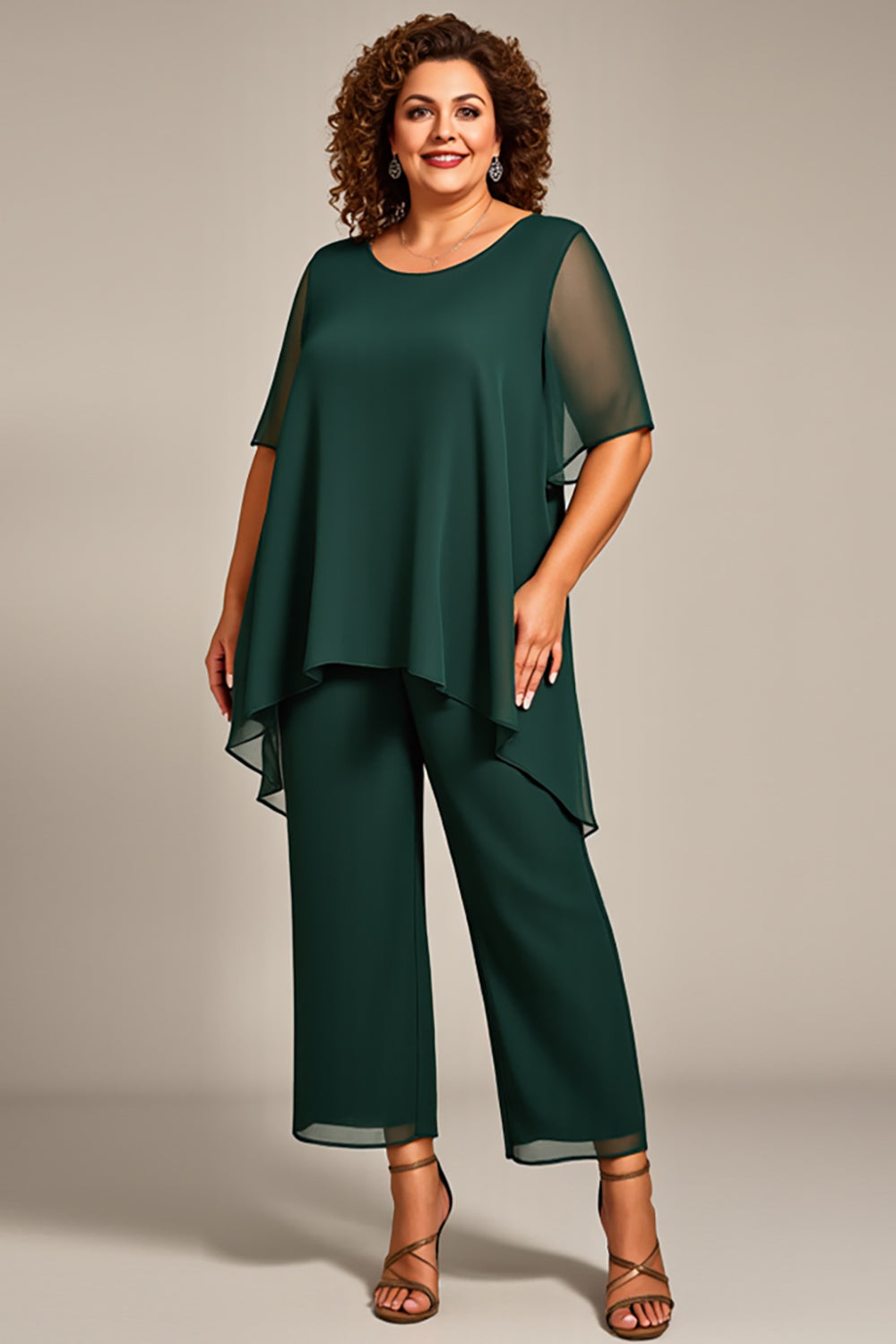 Pine 2 Piece Chiffon Round Neck Plus Size Mother of the Bride Pant Suits