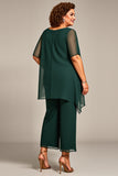 Pine 2 Piece Chiffon Round Neck Plus Size Mother of the Bride Pant Suits