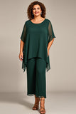Pine 2 Piece Chiffon Round Neck Plus Size Mother of the Bride Pant Suits